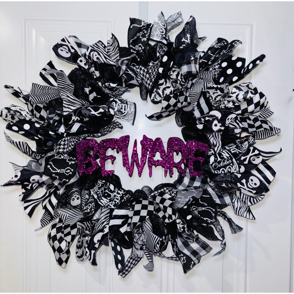 Halloween Wreath Black White Ribbon Beware Purple Glitter Spooky Decor 21 Inch